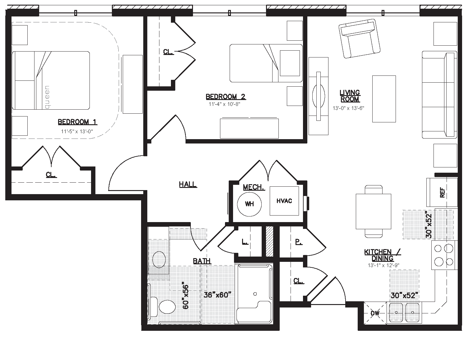 Floor plan for 2 beds, 1 bath, 872 sqft